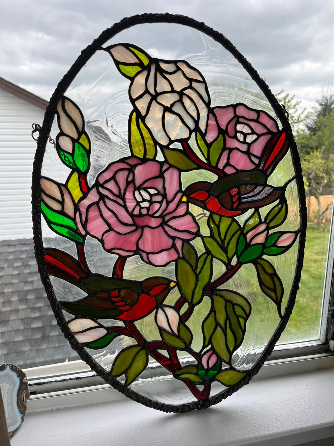 Antique stained glass heavy bronzed frame birds window panel