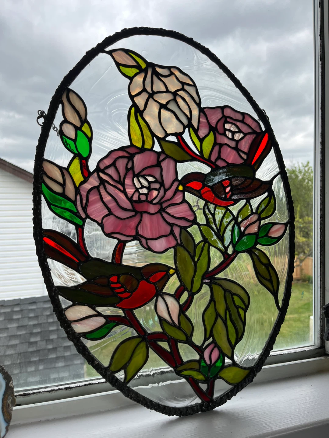 Antique stained glass heavy bronzed frame birds window panel - photo 2