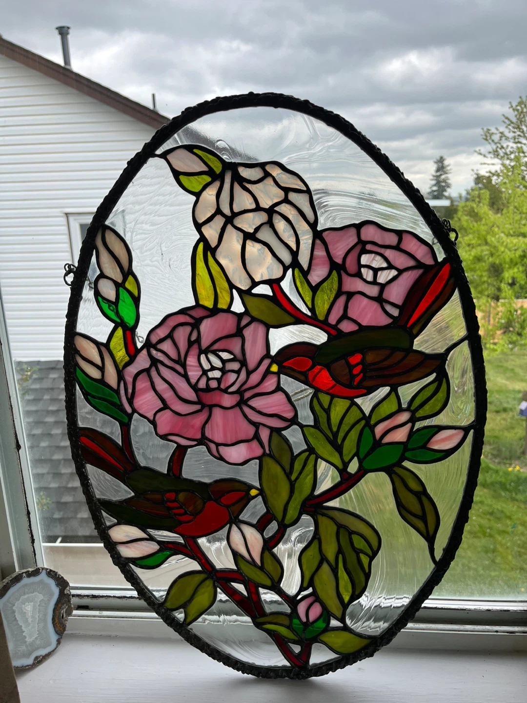 Antique stained glass heavy bronzed frame birds window panel - photo 3