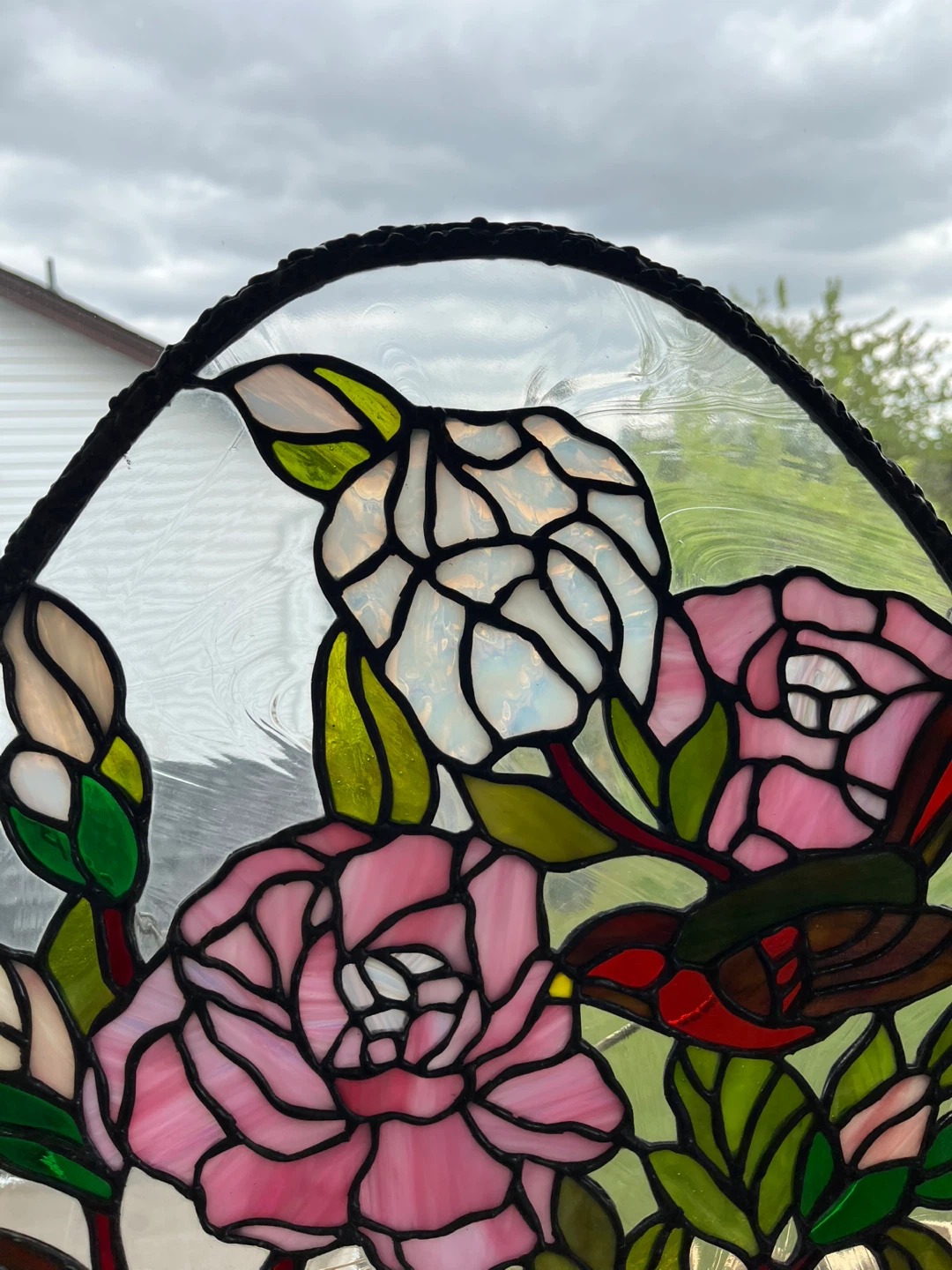 Antique stained glass heavy bronzed frame birds window panel - photo 4