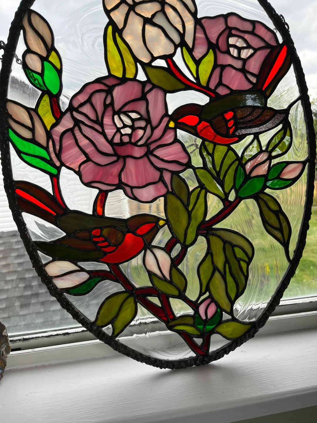 Antique stained glass heavy bronzed frame birds window panel - photo 5