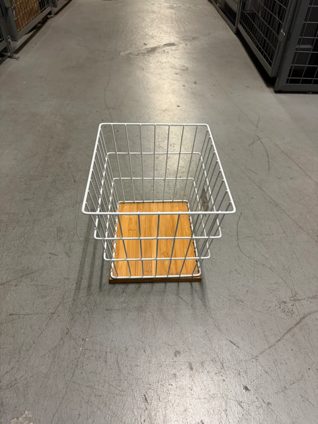 White Wire Storage Basket with wood Base