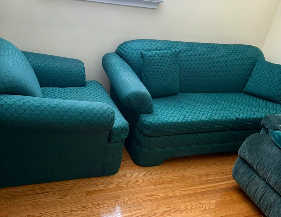 Green Armchair and sofa with Patterned Fabric