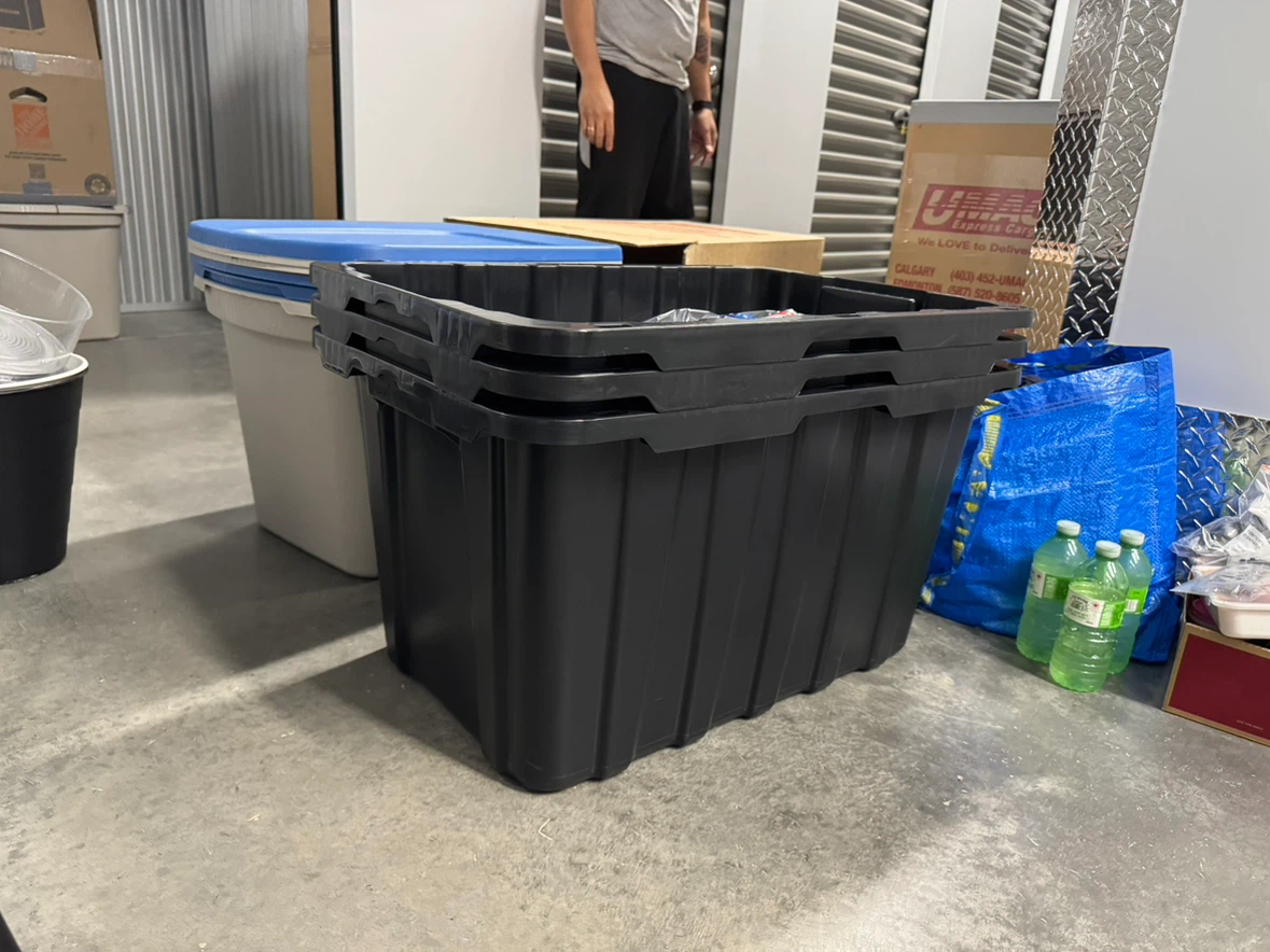 Stack of 3 Black Storage Bins with Lids