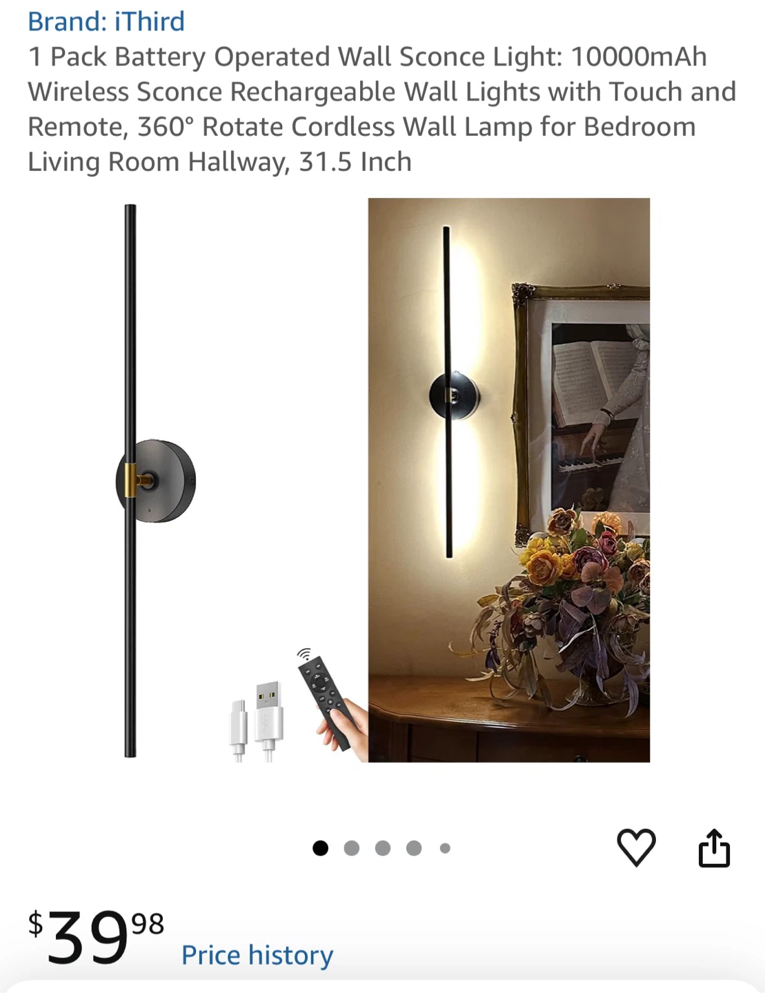 Battery Operated Wall Sconce with Remote - Black
