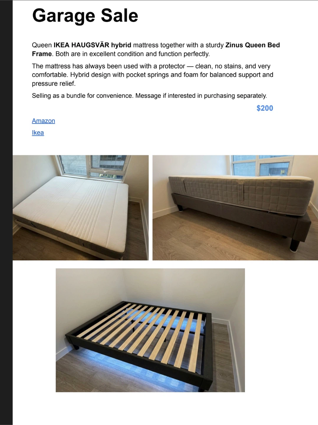 Queen IKEA HAUGSVAR Mattress with Zinus Bed Frame