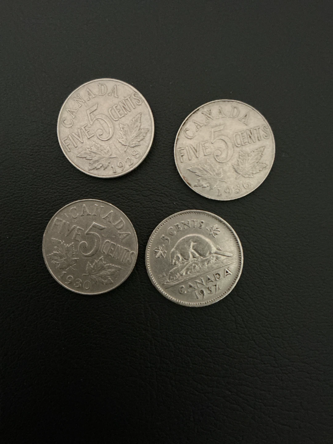 Canadian 5 Cent Coins - 1928, 1930, 1936, 1937
