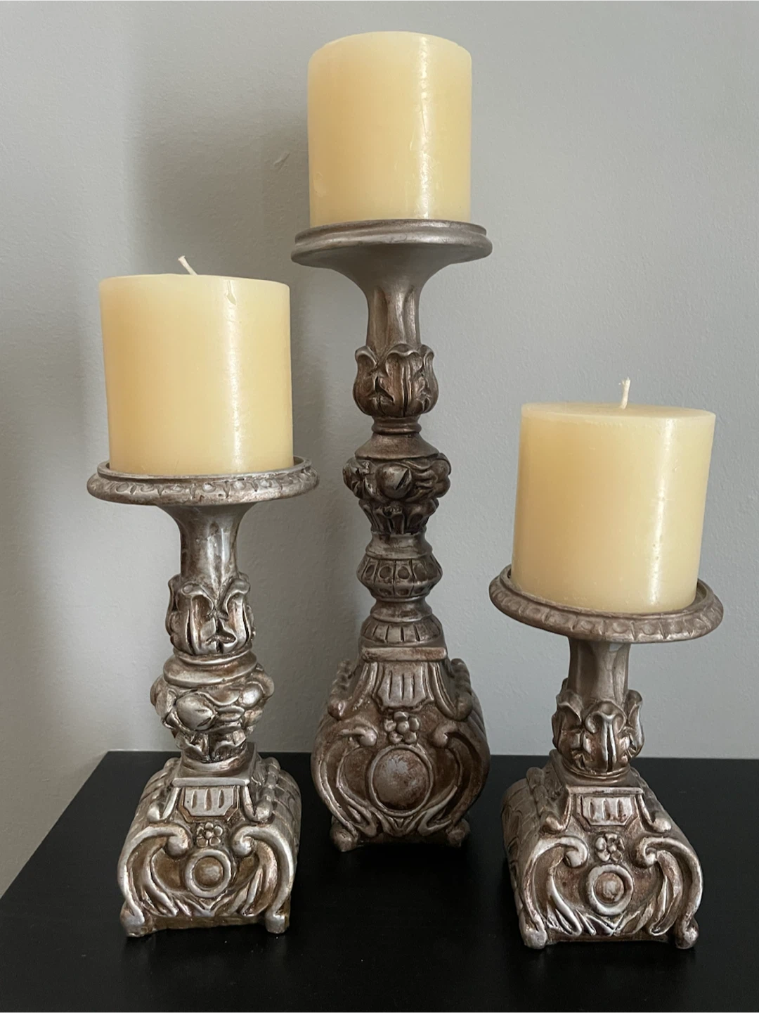 Set of 3 Ornate Silver Candlesticks