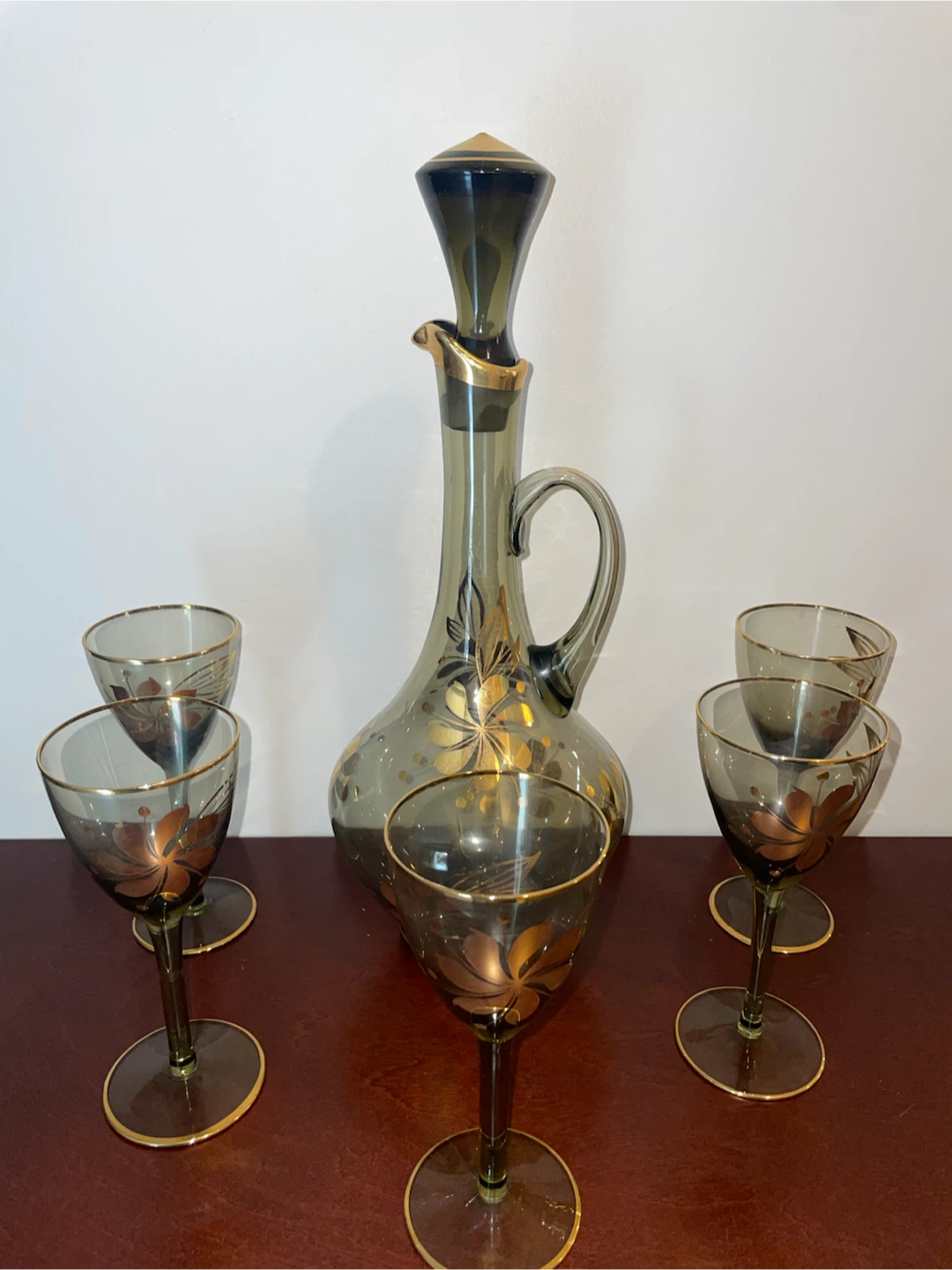 Vintage Glass Decanter and 5 Goblets Set