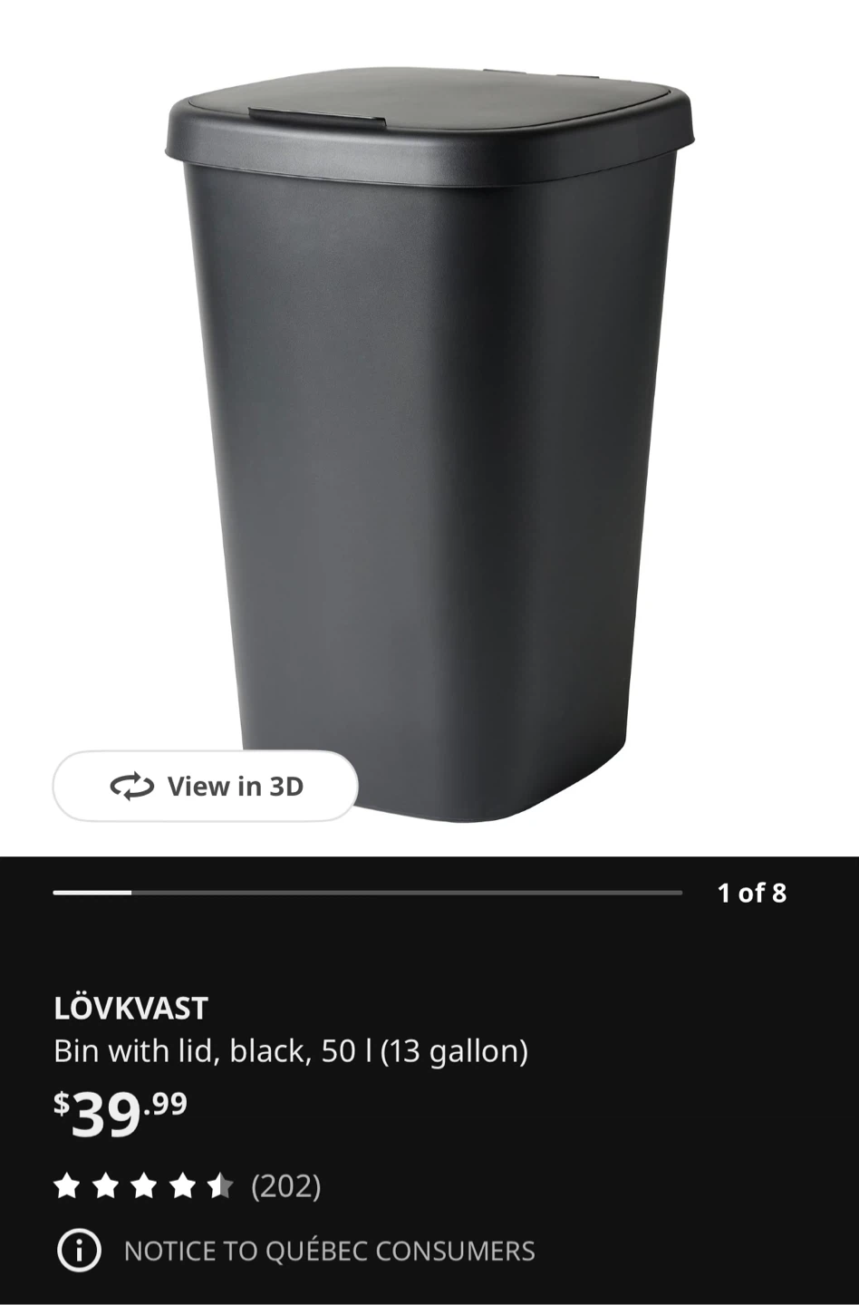 IKEA Black Garbage Bin with Lid, 50 L