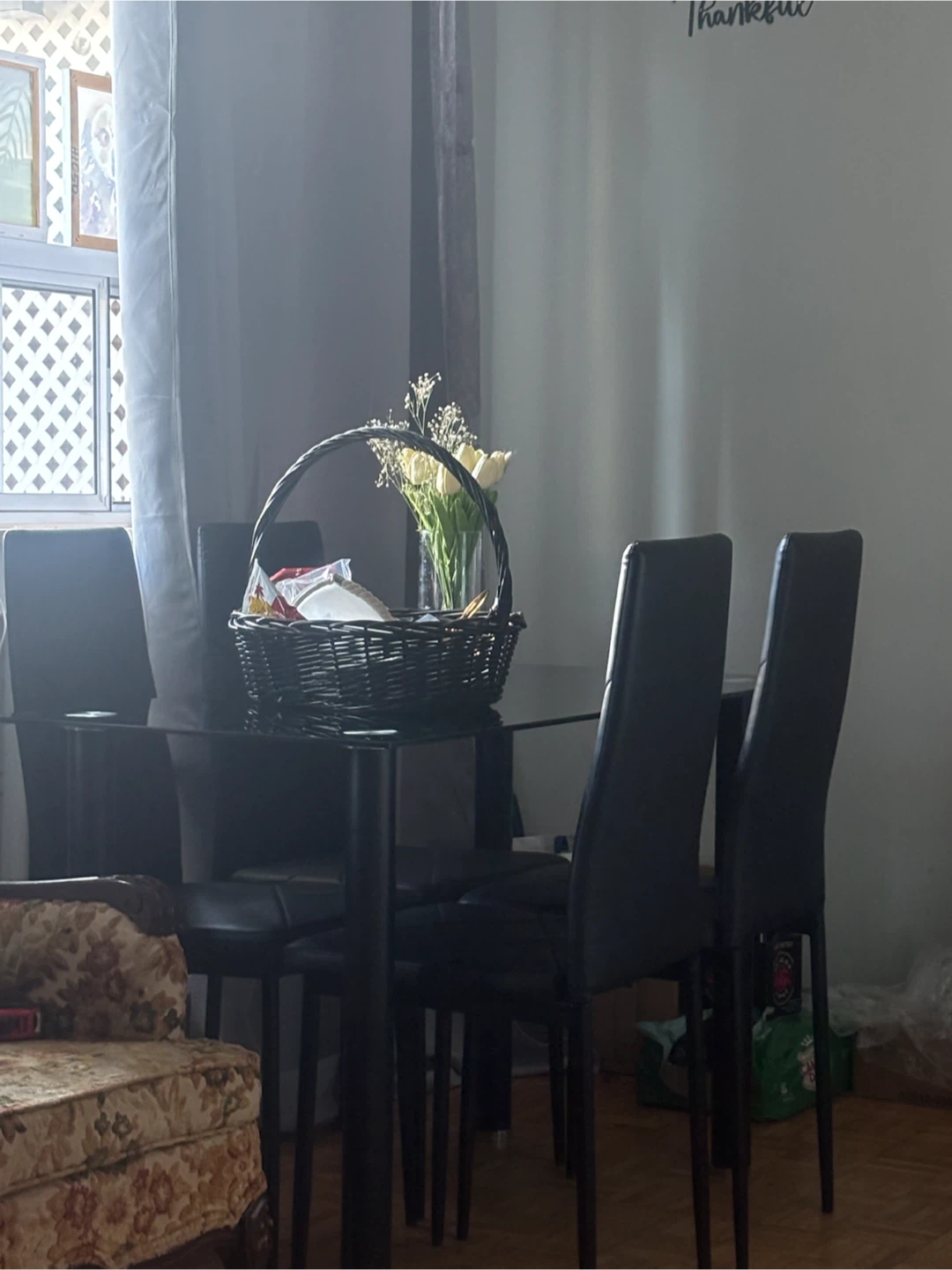 Four (4) seat dining table. Glass table top. All black