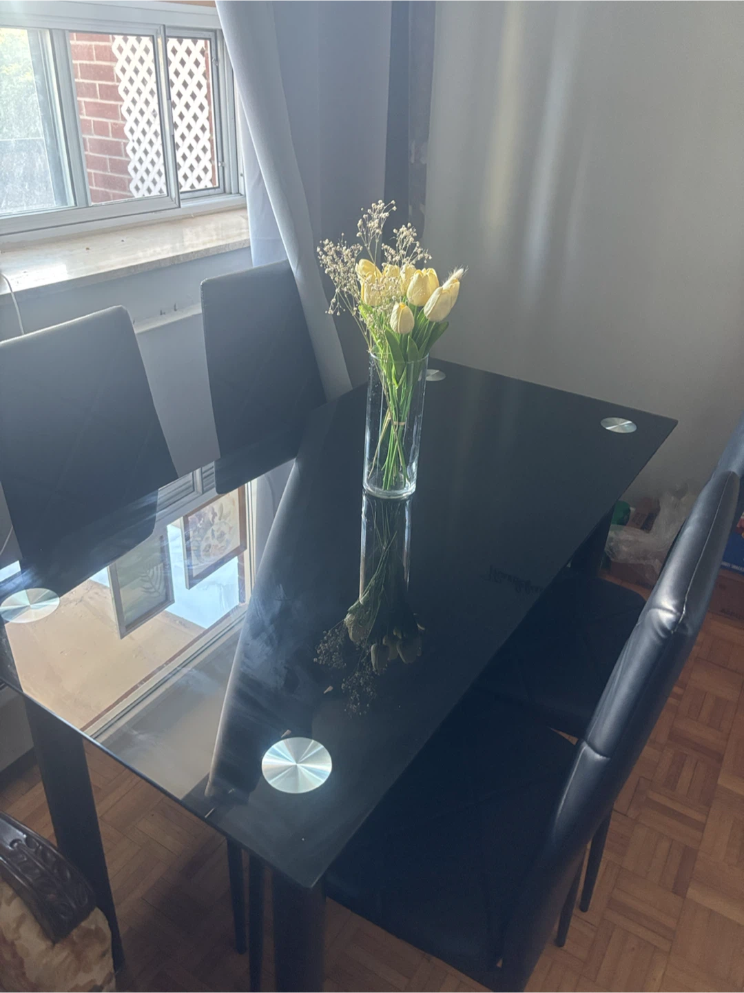 Four (4) seat dining table. Glass table top. All black - photo 3