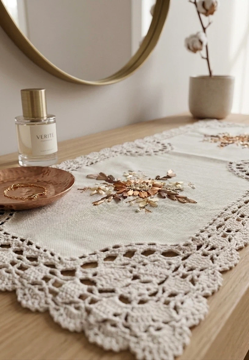 Embroidered Table Runner with Crochet Lace