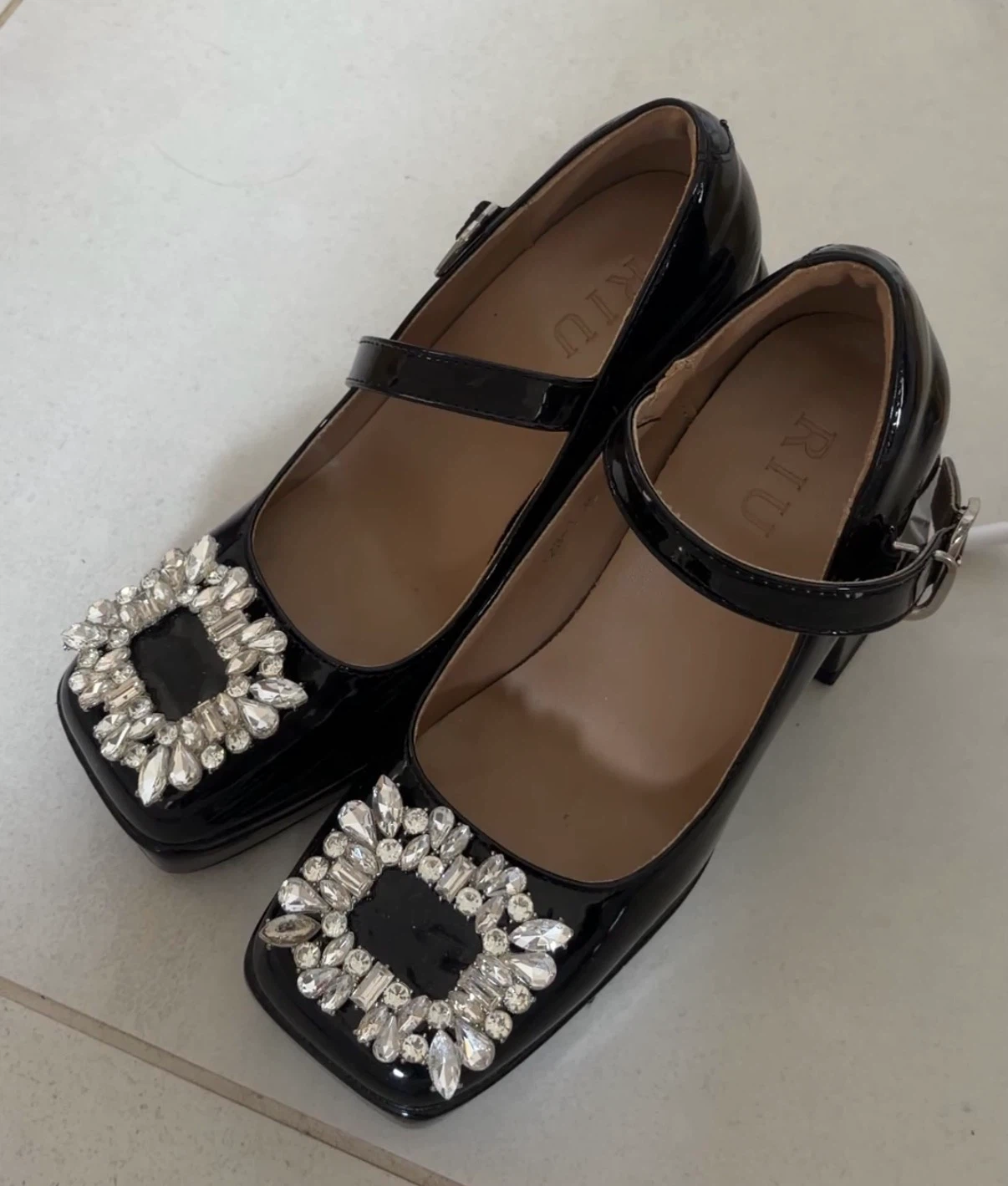 Black Patent Mary Janes with Rhinestone Buckle