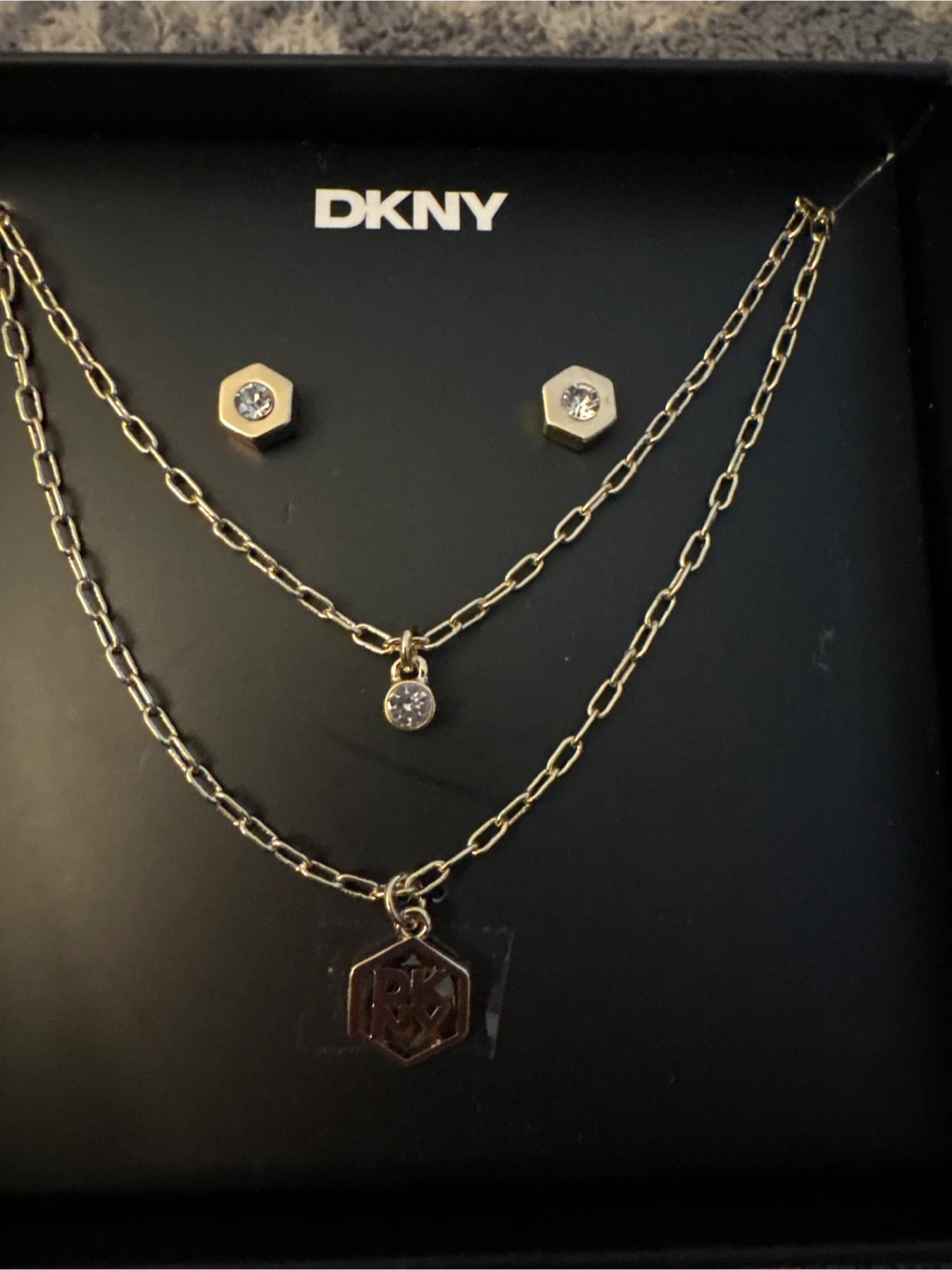 DKNY Gold-Tone Layered Necklace and Stud Earrings Set