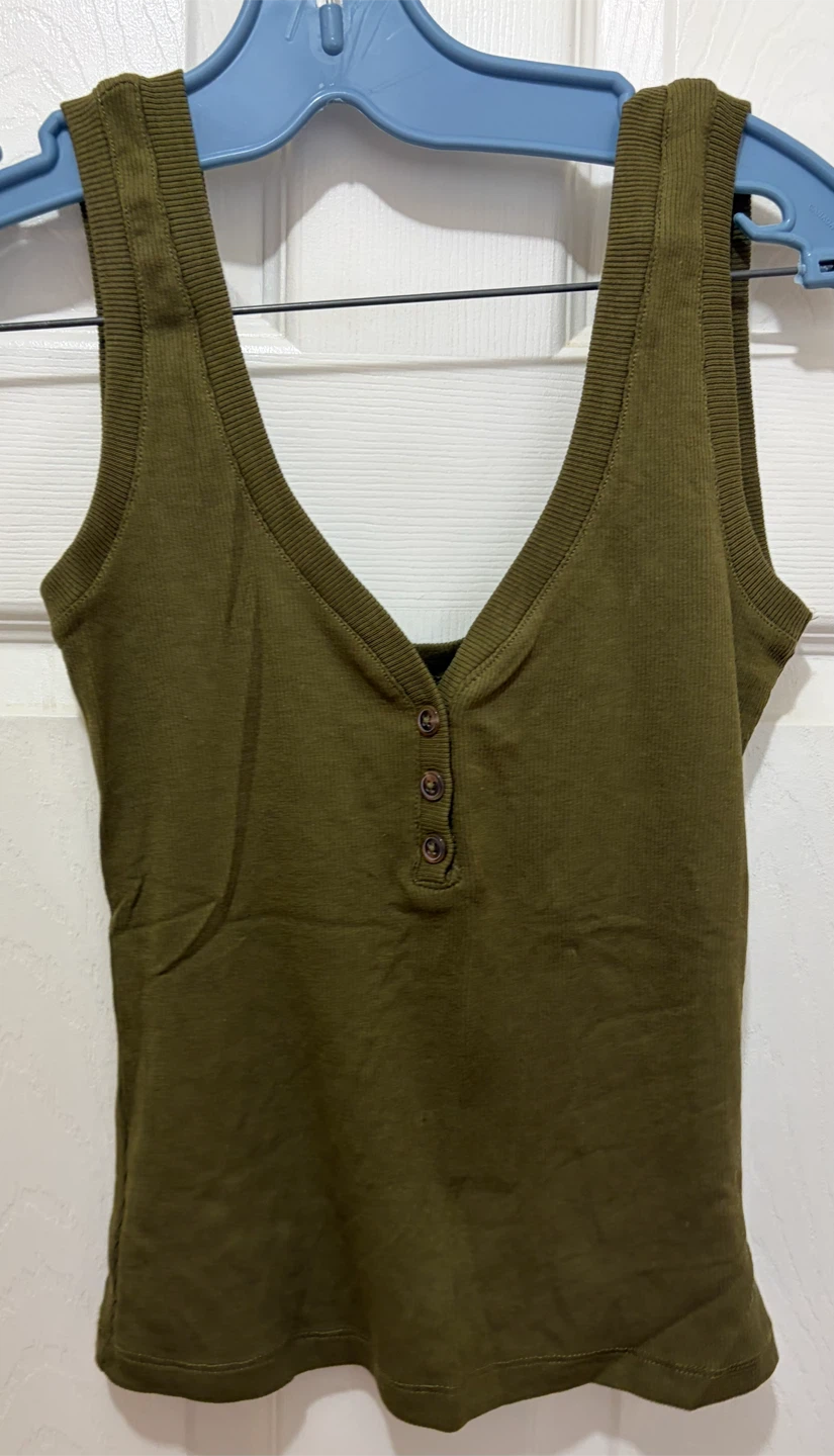 Ribbed Henley Tank Top - Olive Green XS