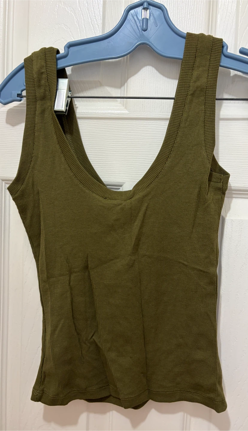 Ribbed Henley Tank Top - Olive Green XS - photo 2