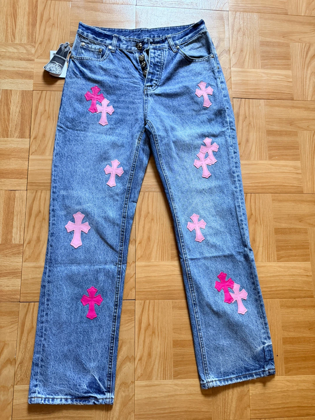Chrome Hearts Jeans with Pink Cross