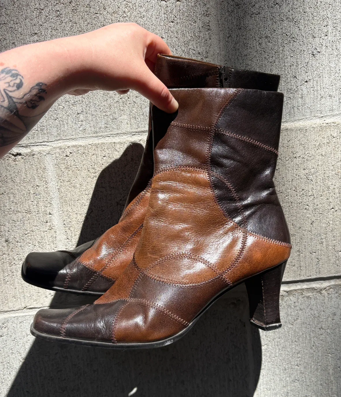 Dark Brown Patchwork Leather Ankle Boots