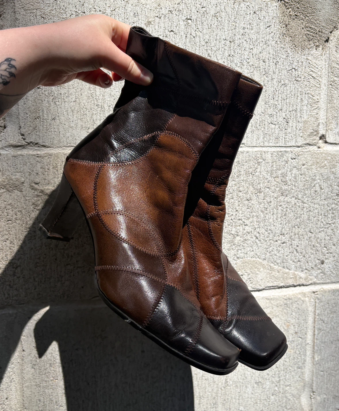 Dark Brown Patchwork Leather Ankle Boots - photo 2