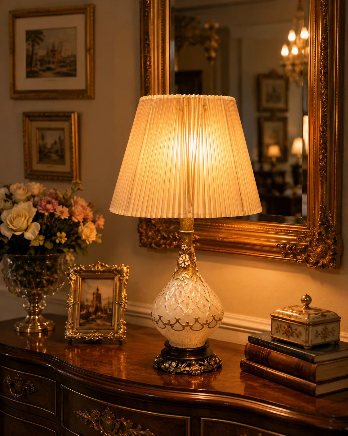 Ornate Glass Table Lamp with Pleated Shade
