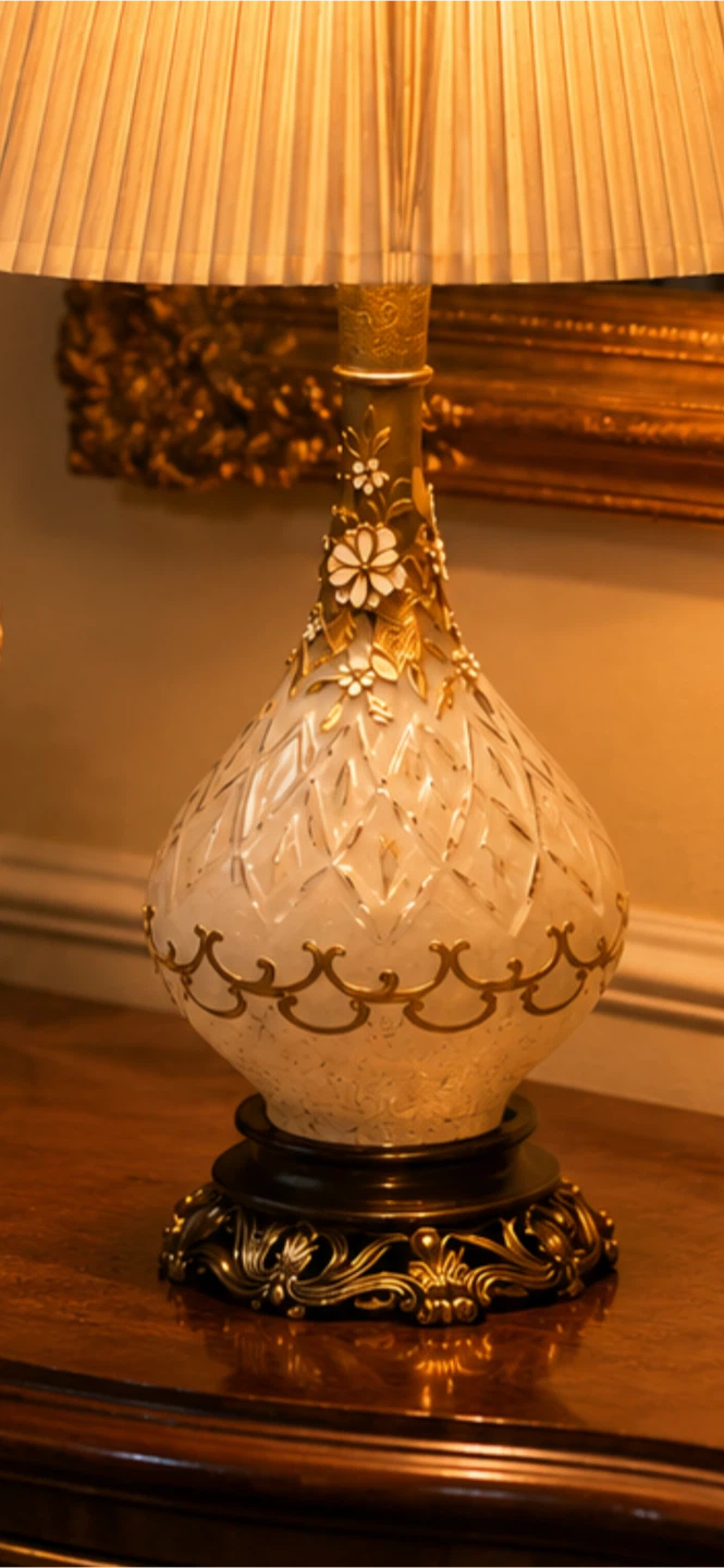 Ornate Glass Table Lamp with Pleated Shade - photo 2
