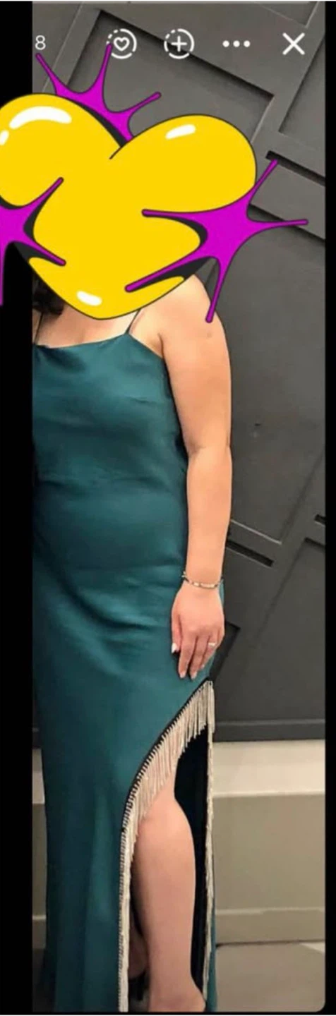 Green Satin Slip Dress with Fringe Detail