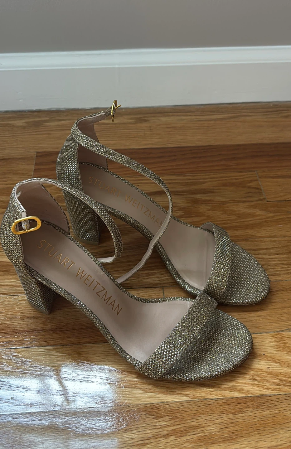 Stuart Weitzman Gold Sparkle Block Heel Sandals