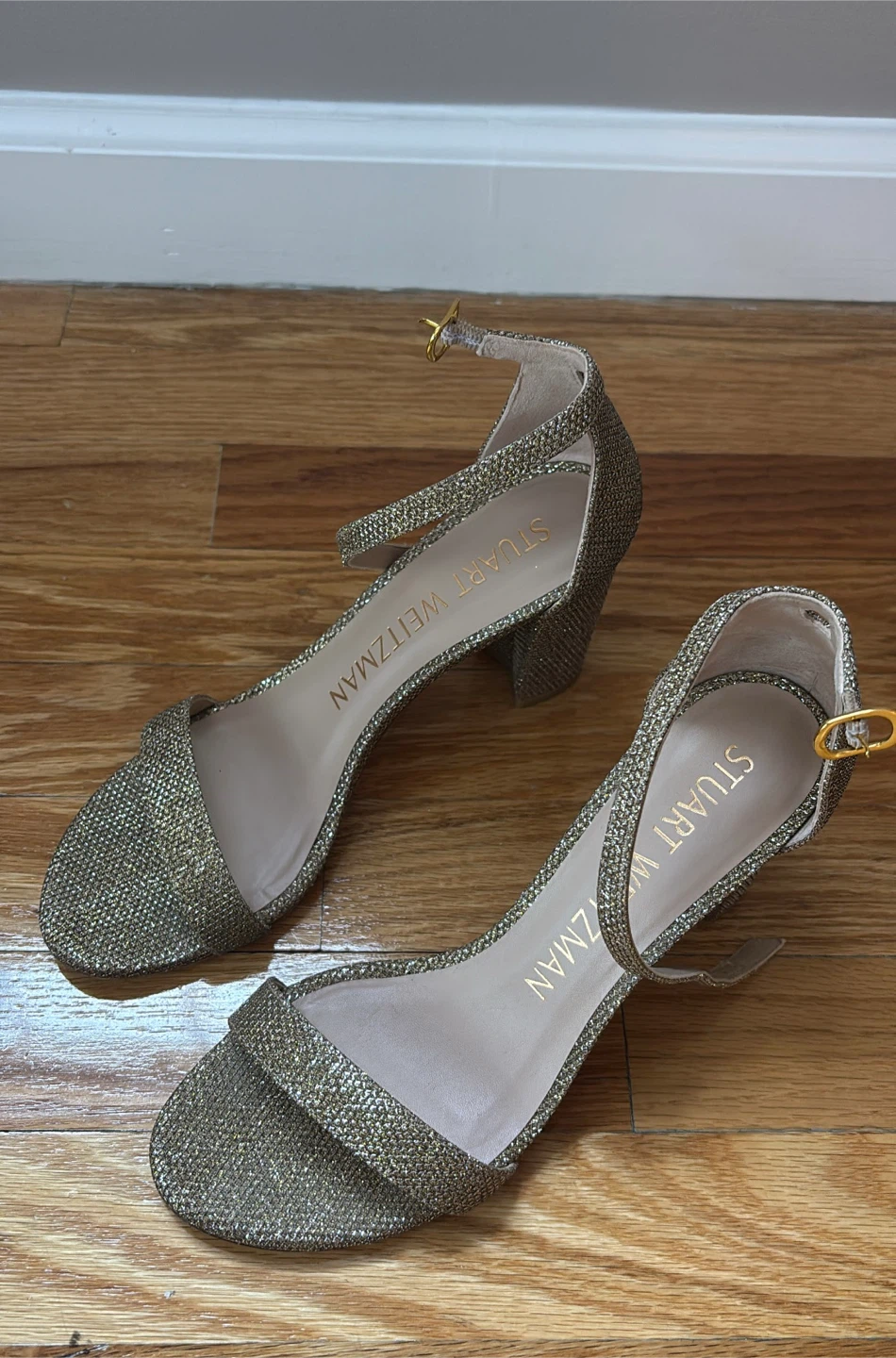 Stuart Weitzman Gold Sparkle Block Heel Sandals - photo 2