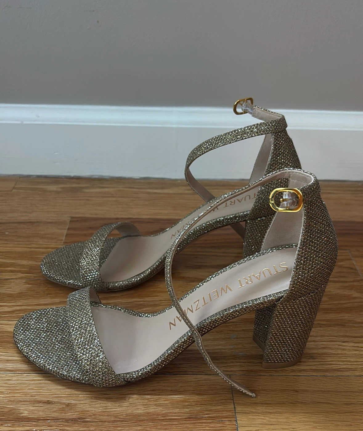 Stuart Weitzman Gold Sparkle Block Heel Sandals - photo 4