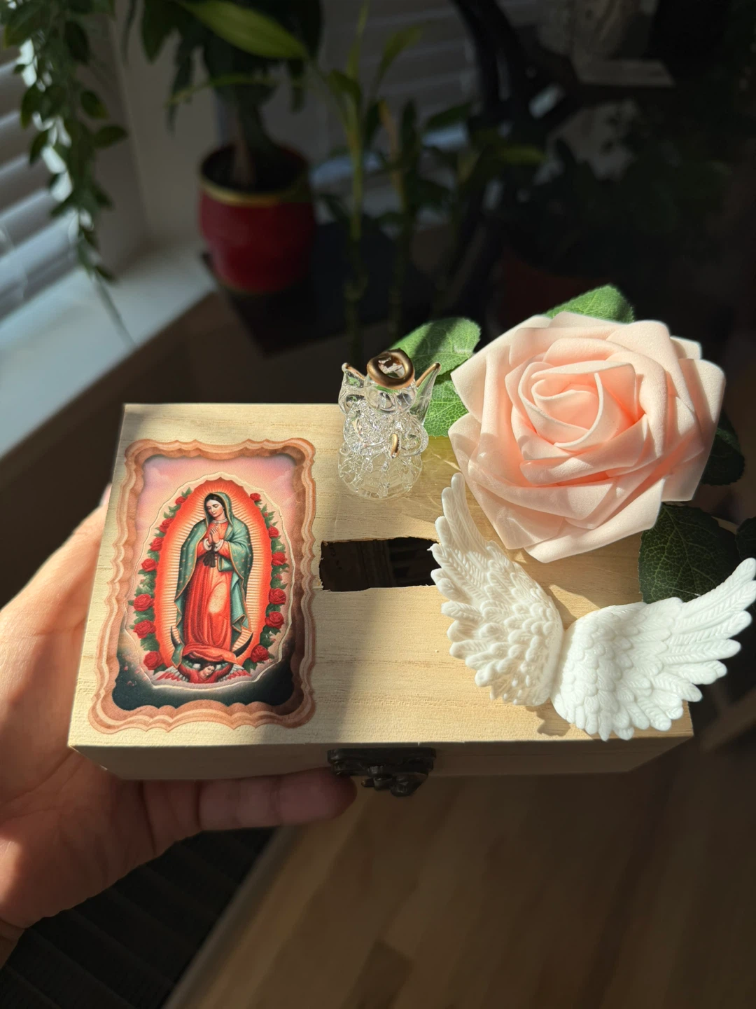 Wooden Memory Box with Rose and Angel Wings