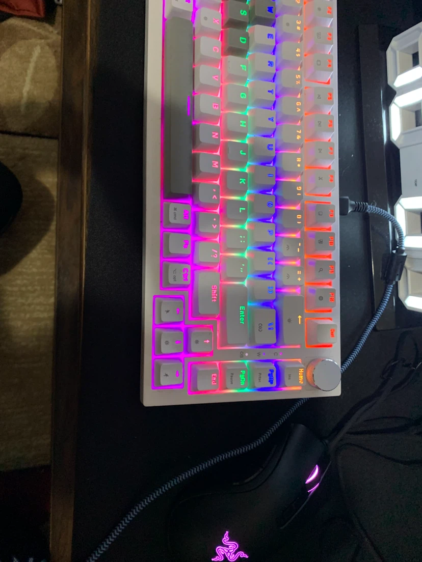 White Mechanical Keyboard with RGB Lighting and a razer mouse