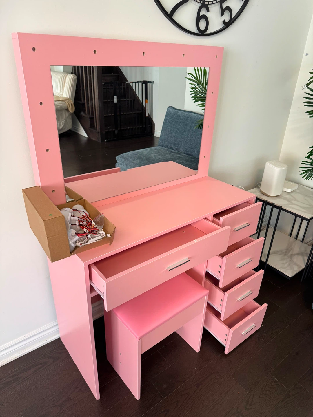 Pink Vanity Set with Lighted Mirror and Stool