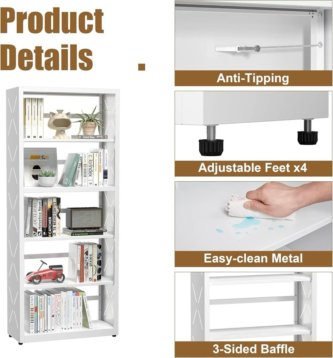 White 5-Shelf Metal Bookshelf - photo 2