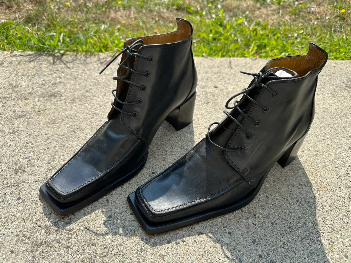 Black Leather Square Toe Lace-Up Ankle Boots