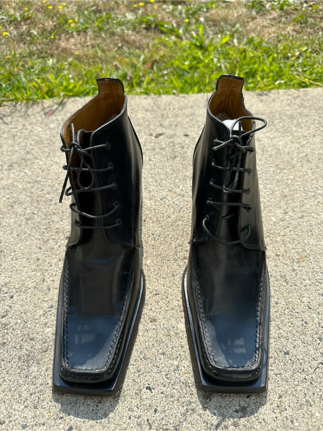 Black Leather Square Toe Lace-Up Ankle Boots - photo 2