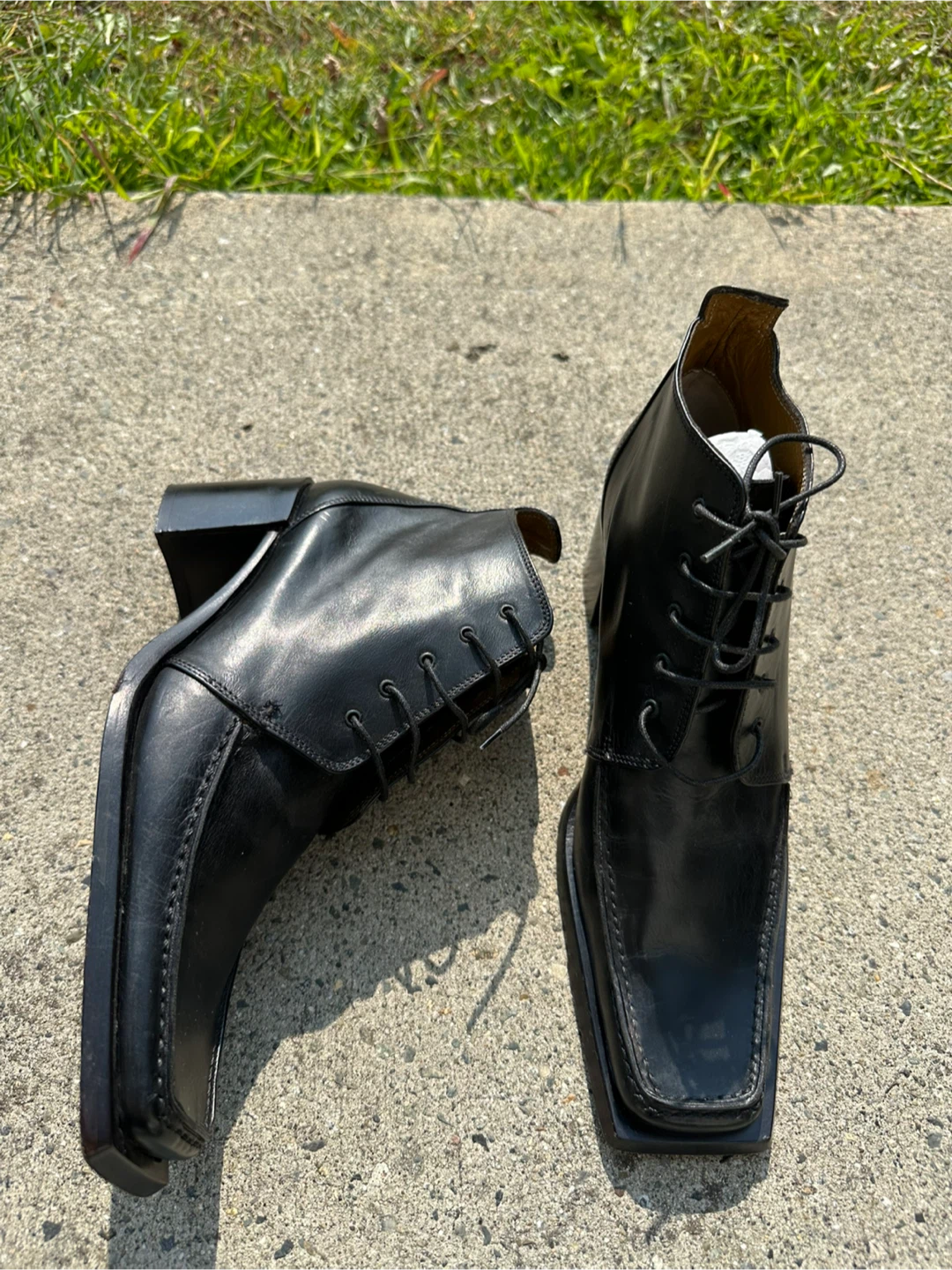 Black Leather Square Toe Lace-Up Ankle Boots - photo 3