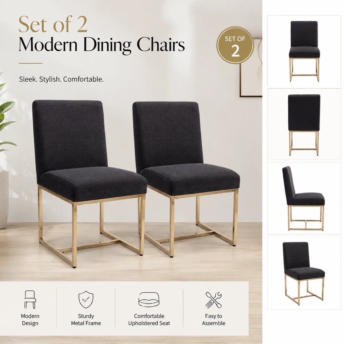 Set of 2 Modern Dining Chairs - Dark Grey Fabric