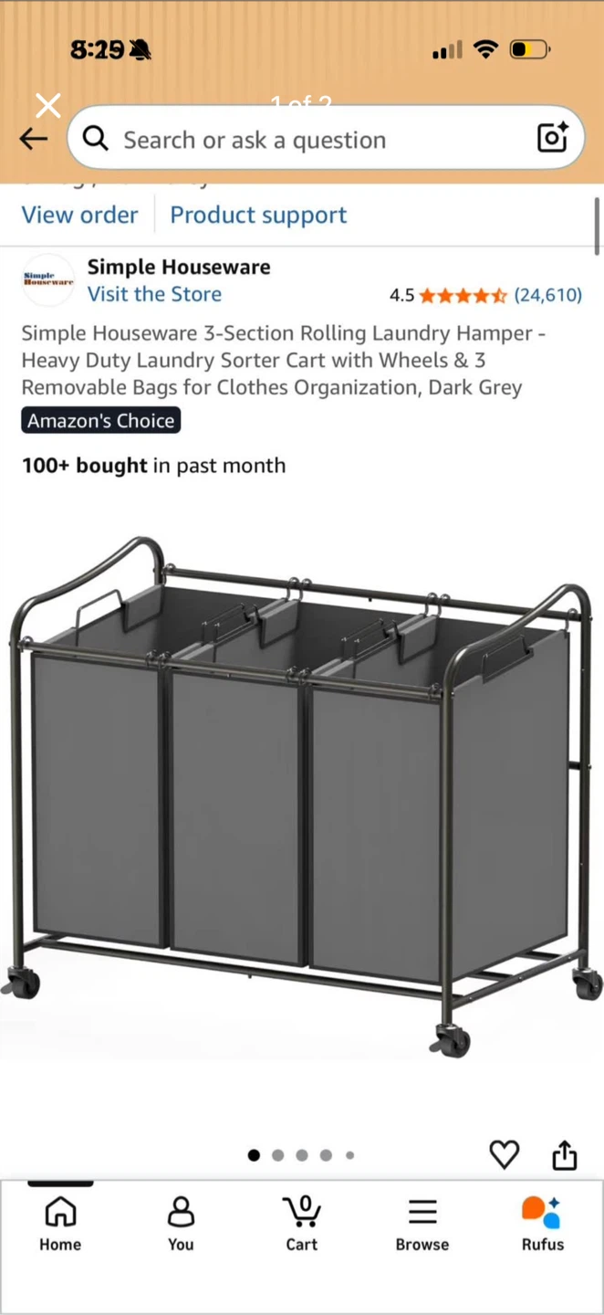 Simple Houseware 3-Section Rolling Laundry Sorter - Dark Grey - photo 2