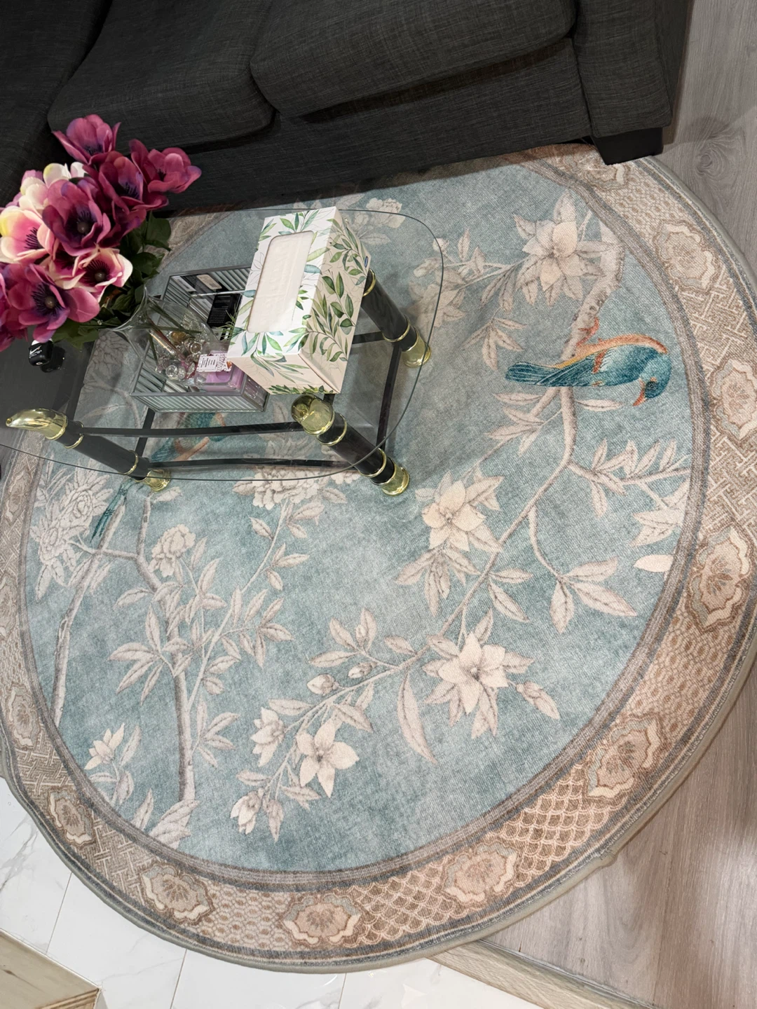 Round Area Rug with Bird and Floral Design