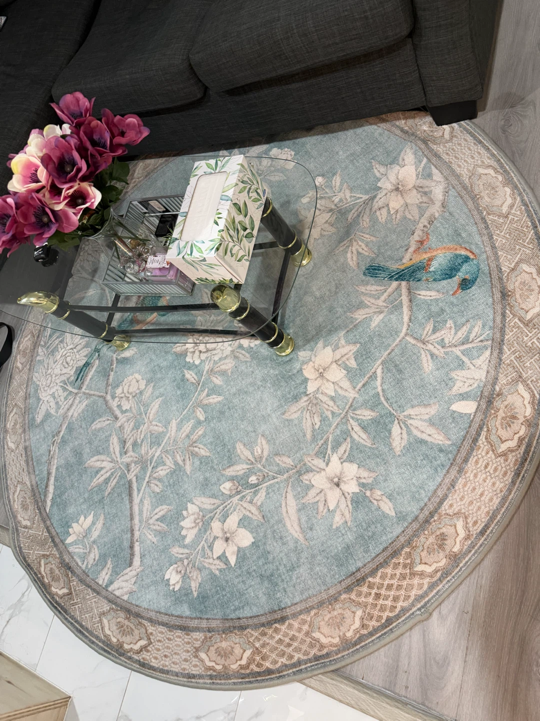 Round Area Rug with Bird and Floral Design - photo 2