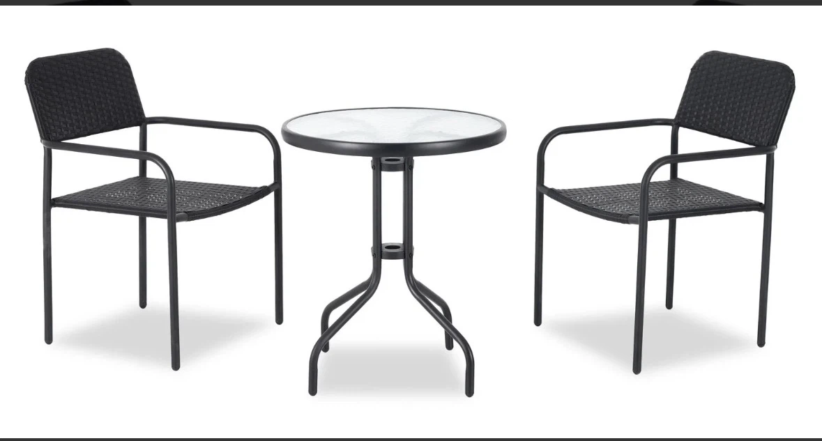 Black Wicker Patio Bistro Set with Glass Top Table