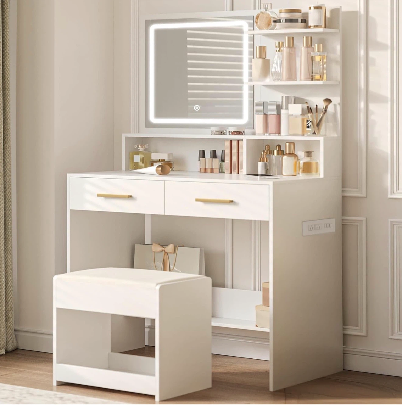 White Vanity Table with Lighted Mirror and Stool