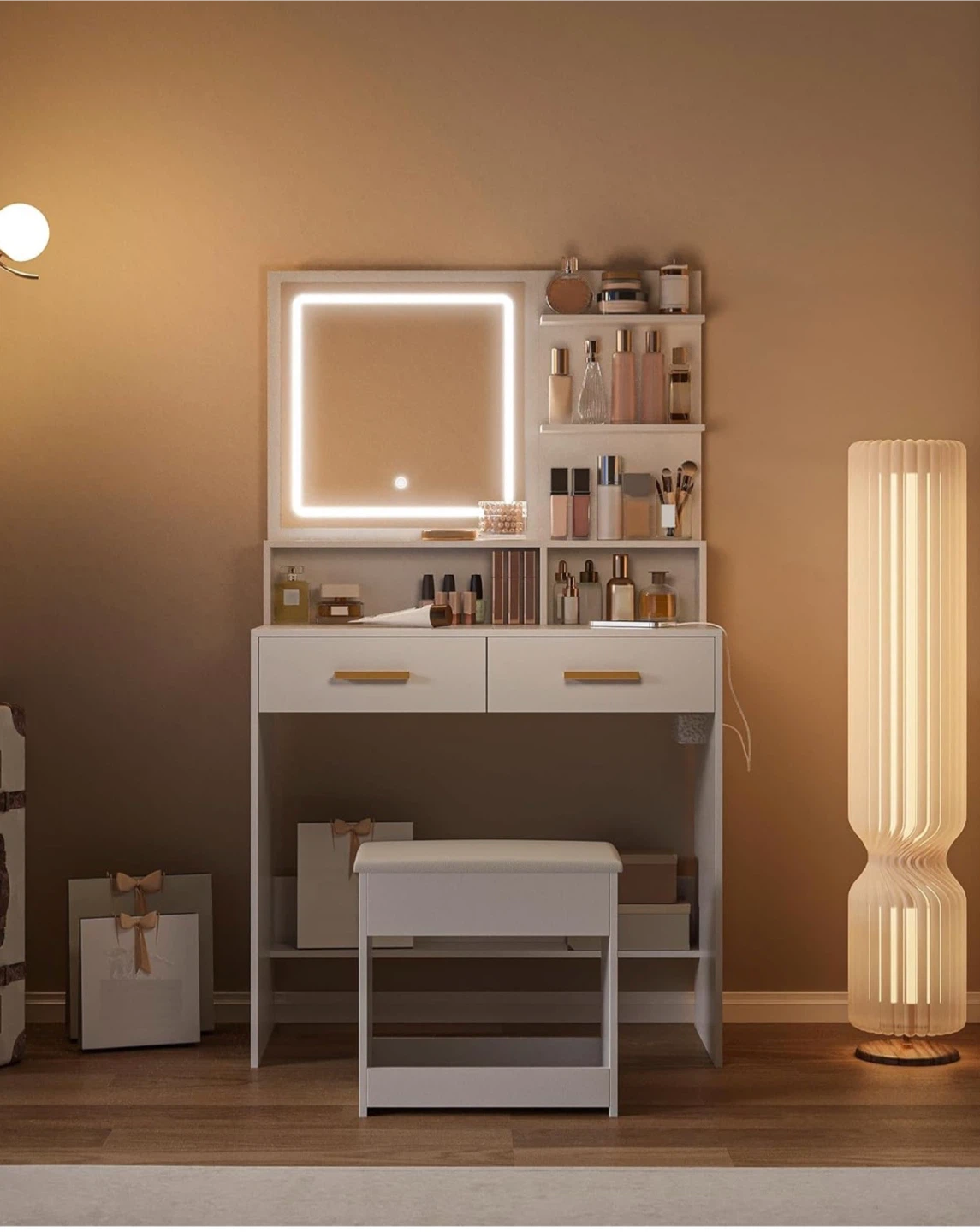 White Vanity Table with Lighted Mirror and Stool - photo 2