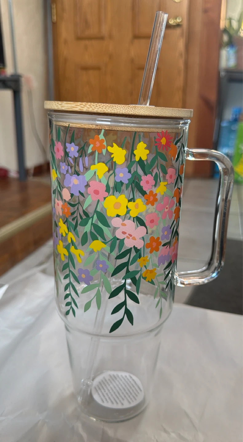 Glass Tumbler with Floral Design and Bamboo Lid