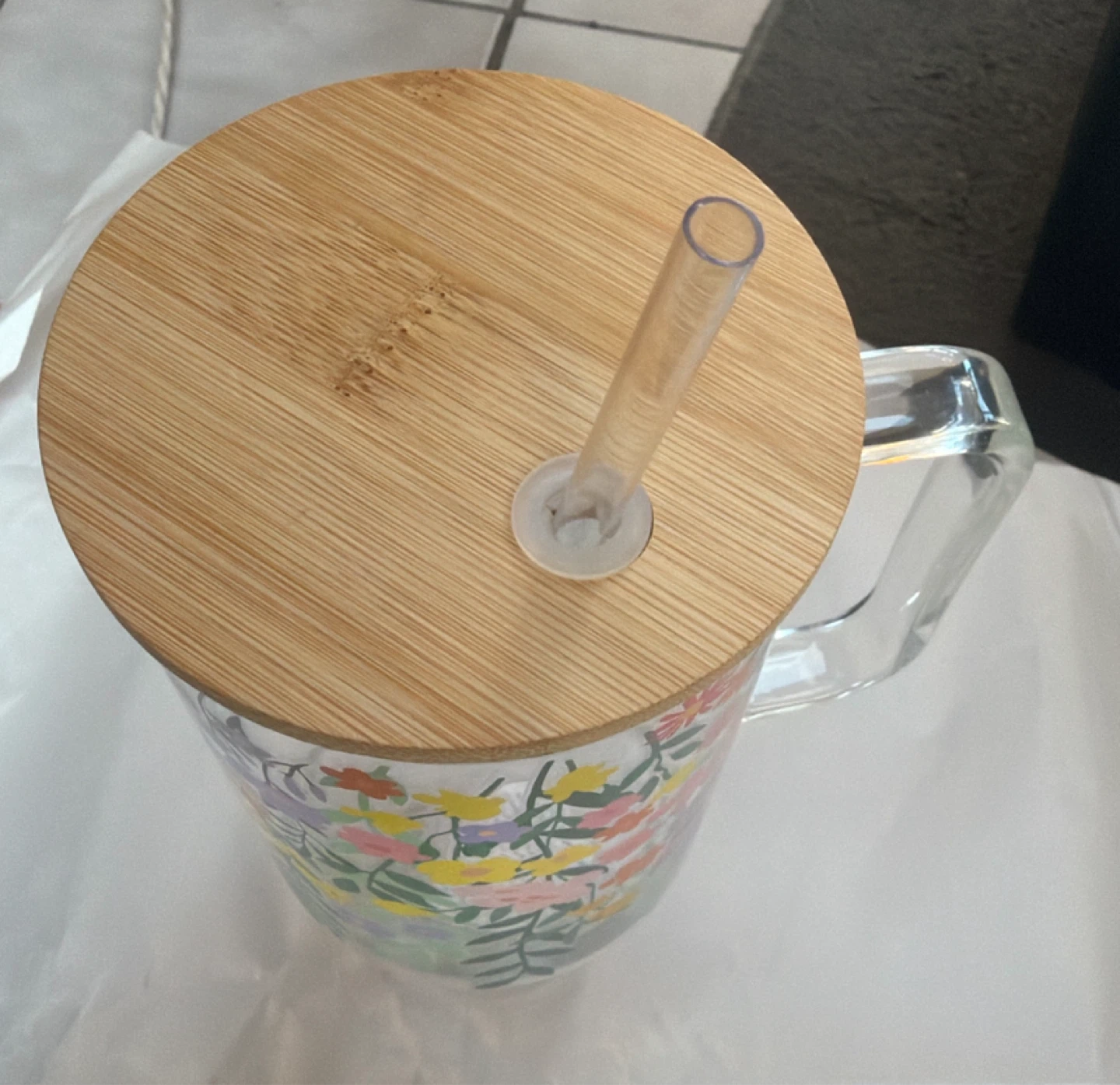 Glass Tumbler with Floral Design and Bamboo Lid - photo 2