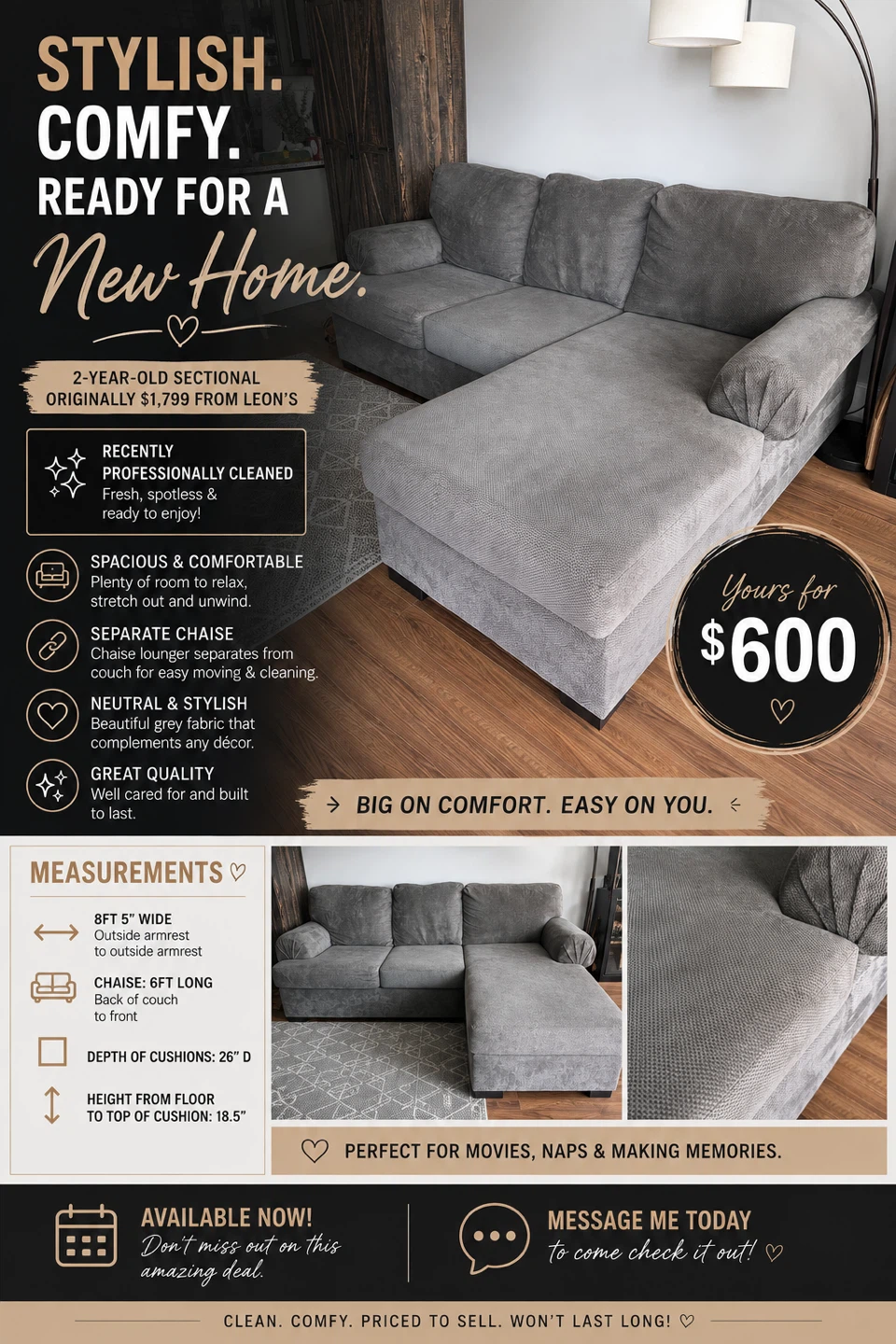 2-piece Sectional with right facing chaise
