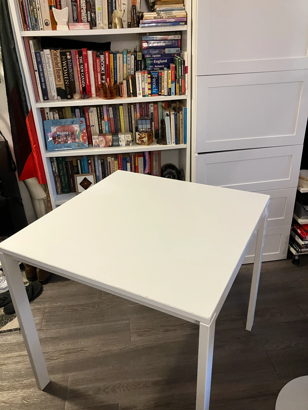 Square, white, wooden table. 29.5x29.5