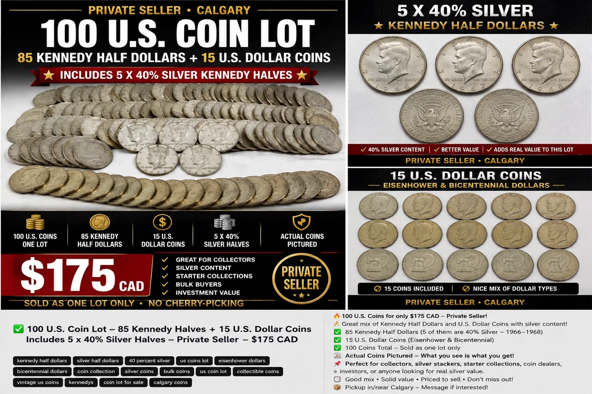 100 U.S. Coin Lot 85 Kennedy Halves 15 Eisenhowers– 5 Silver