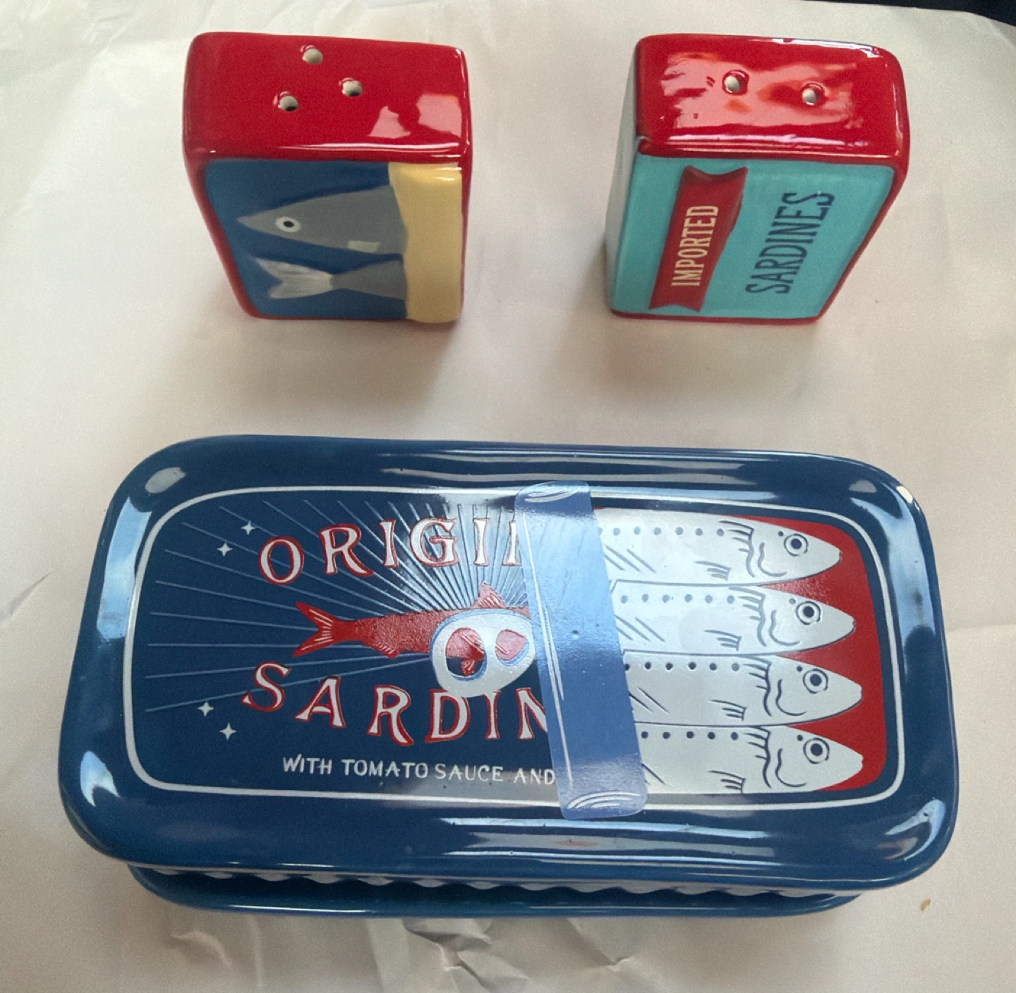 Blue Sardine Tin Butter Dish with Salt & Pepper Shakers